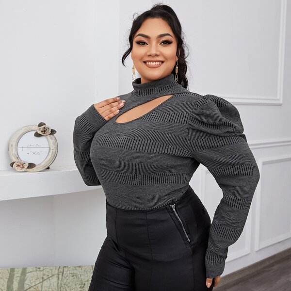 

Plus Mock Neck Cut Out Neck Puff Sleeve Top, Dark grey