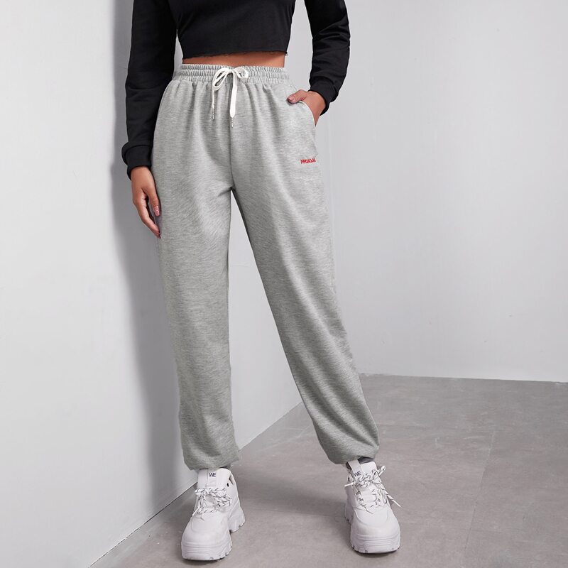 

Letter Graphic Drawstring Waist Sweatpants, Light grey