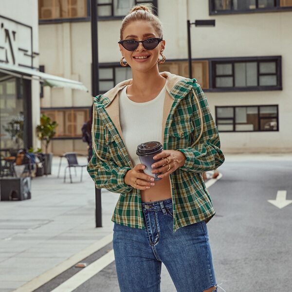 

Flap Pocket Plaid Drawstring Hooded Jacket, Green