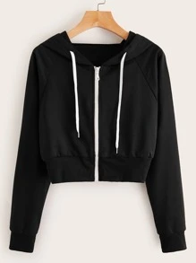 Raglan Sleeve Drawstring Zip Up Hoodie - Black - View 1