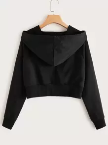 Raglan Sleeve Drawstring Zip Up Hoodie - Black - View 2