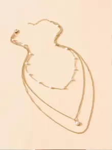 Faux Pearl Charm Layered Necklace - Yellow Gold - View 2