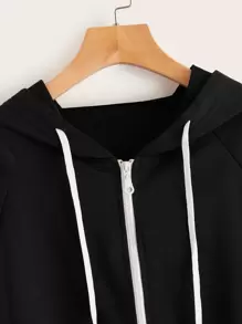 Raglan Sleeve Drawstring Zip Up Hoodie - Black - View 3