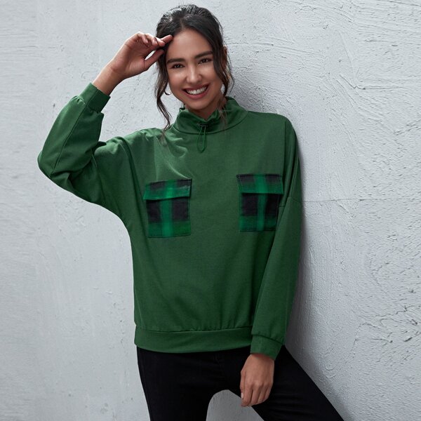 

Stand Collar Flap Pocket Drawstring Sweatshirt, Green