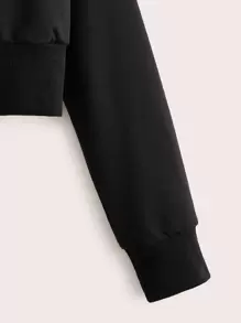 Raglan Sleeve Drawstring Zip Up Hoodie - Black - View 4