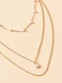 Faux Pearl Charm Layered Necklace - Yellow Gold - View 4