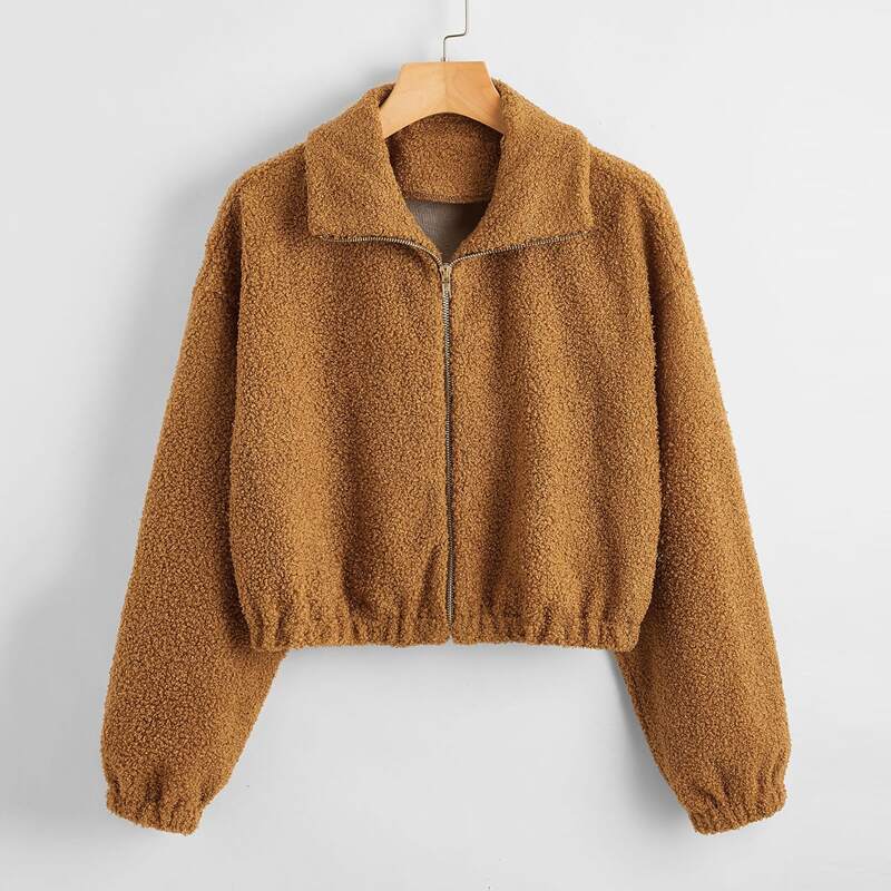 

Drop Shoulder Zip Up Teddy Jacket, Brown