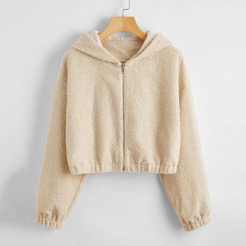 

Drop Shoulder Zip Up Hooded Teddy Jacket, Beige