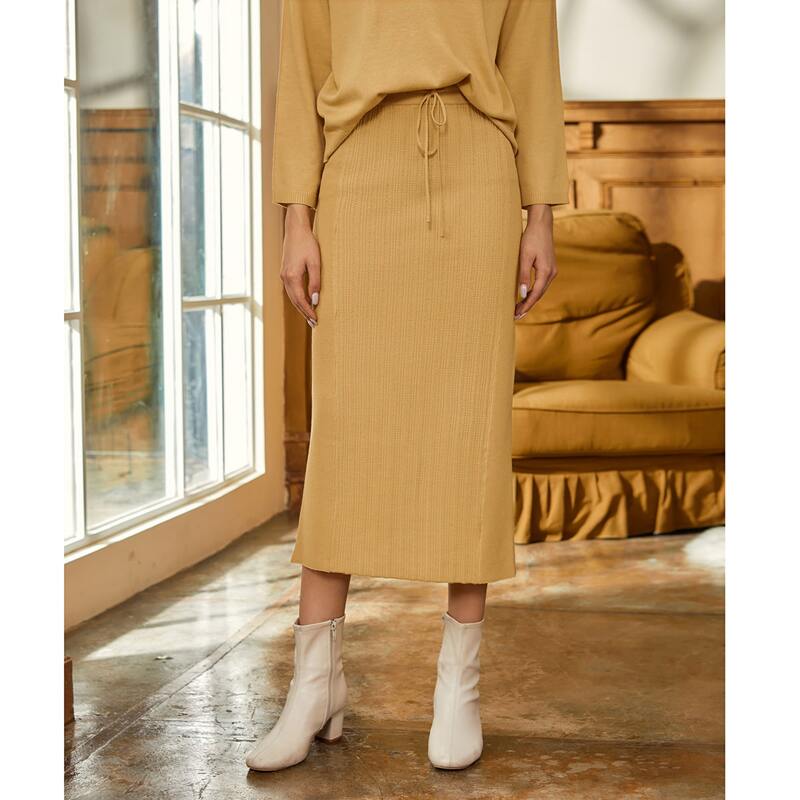 

Drawstring Waist Split Hem Knit Skirt, Mustard yellow