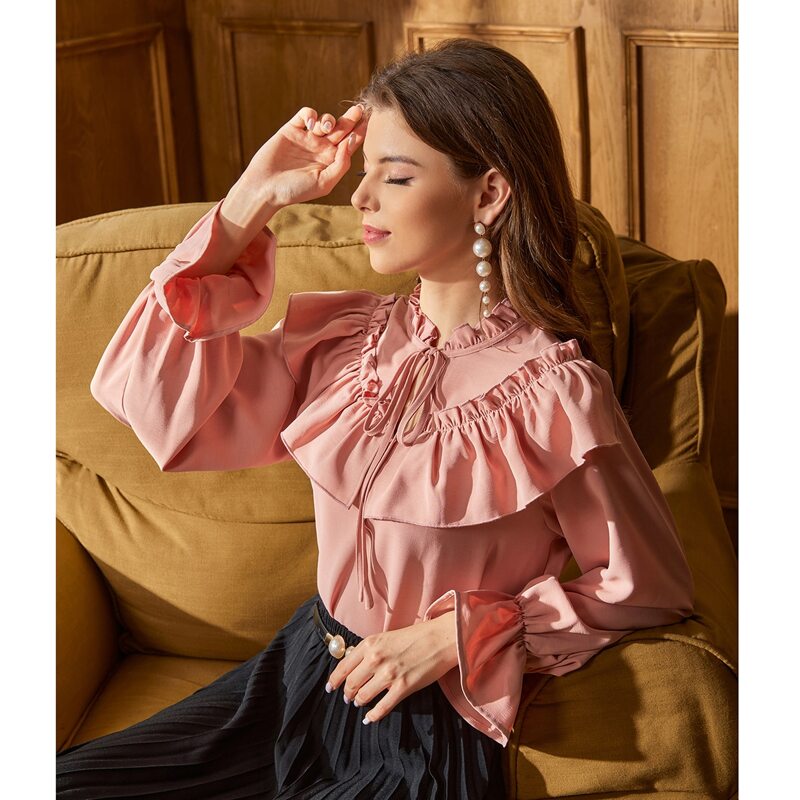 

Tie Neck Ruffle Trim Flounce Sleeve Blouse, Coral pink