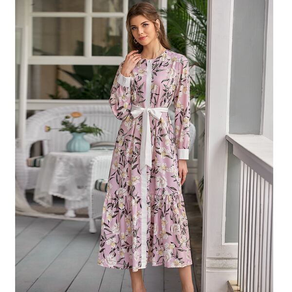 

Flower Print Belted Flounce Hem Dress, Multicolor