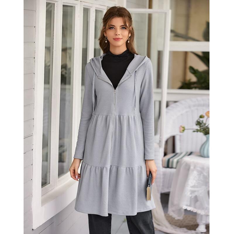 

Solid Waffle Knit Ruffle Hem Zip-Up Coat, Light grey