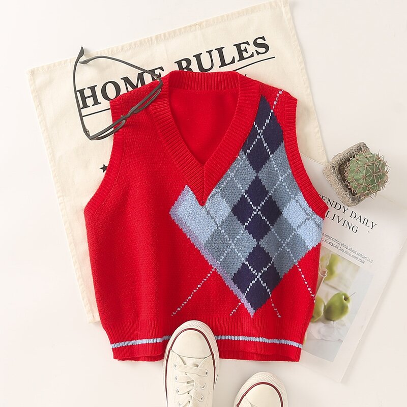 

Contrast Argyle Pattern Sweater Vest, Red