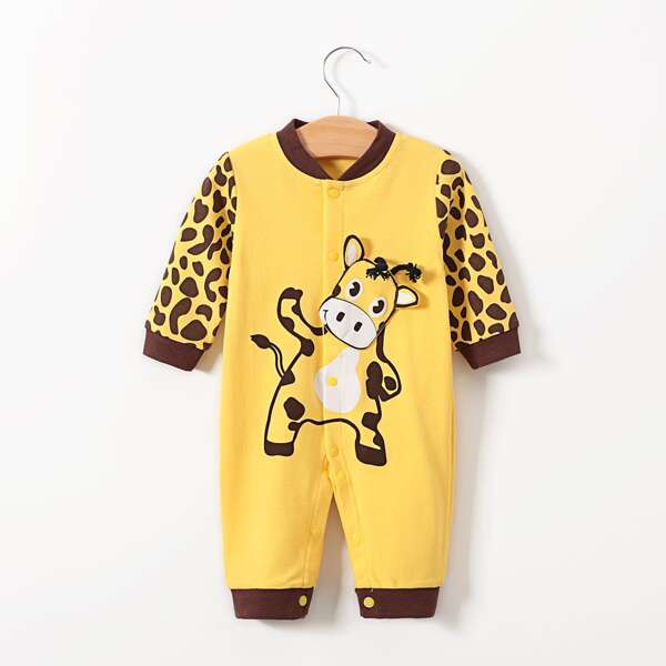 

Baby Boy Cartoon Graphic Popper Button Jumpsuit, Yellow