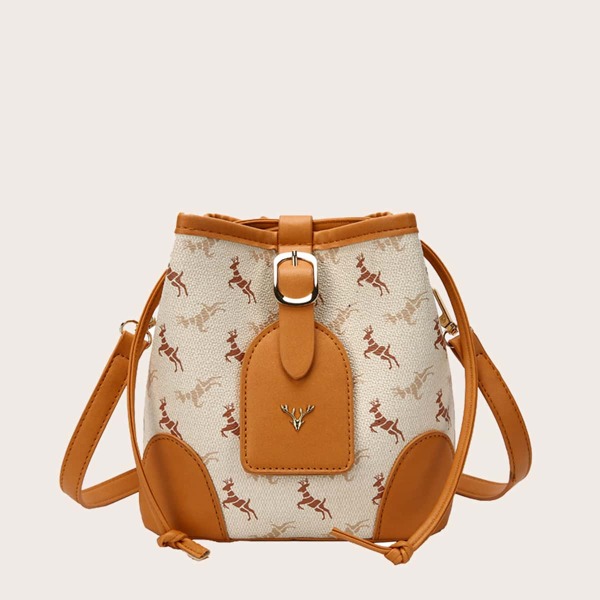 

Allover Deer Print Bucket Bag, Beige