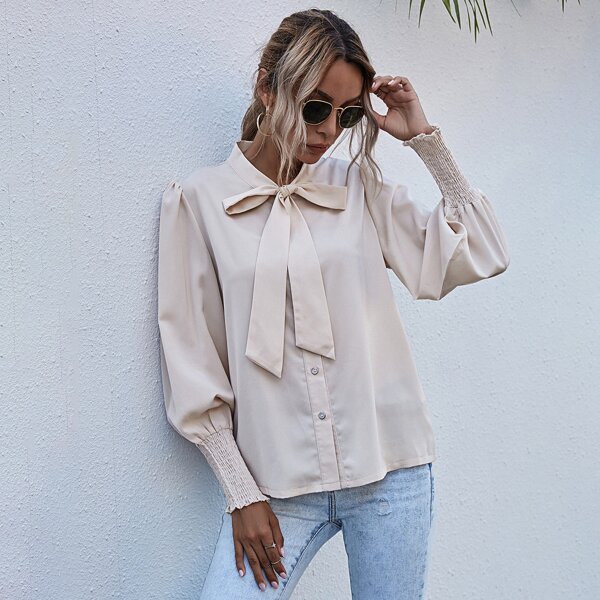 

Solid Tie Neck Bishop Sleeve Blouse, Apricot