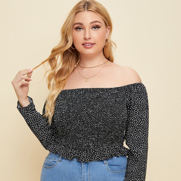 

Plus Polka-dot Shirred Bardot Peplum Top, Black and white