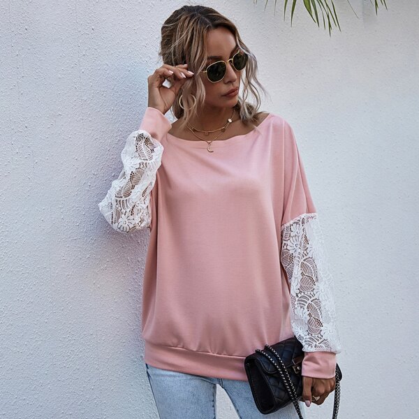 

Drop Shoulder Contrast Lace Sleeve Sweatshirt, Baby pink