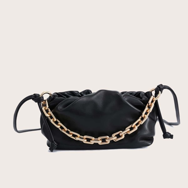 

Chain Handle Ruched Bag, Black