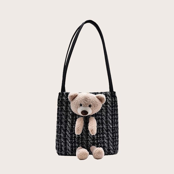 

Girls Plush Bear Decor Tweed Shoulder Bag, Black