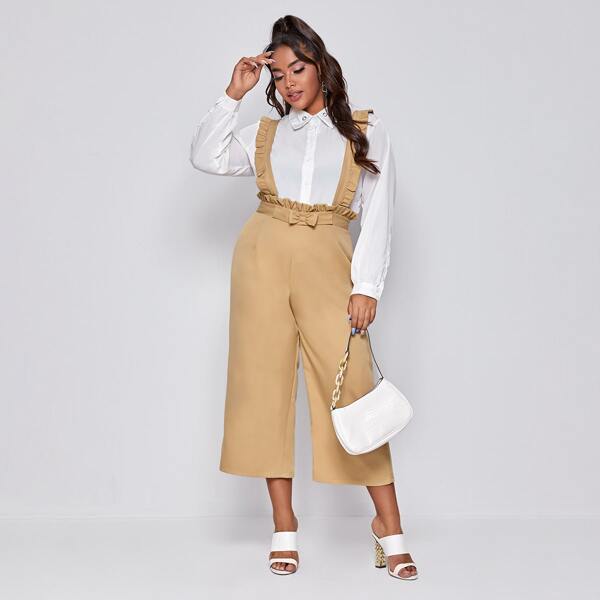 

Plus Paperbag Waist Bow Front Suspender Jumpsuit, Khaki
