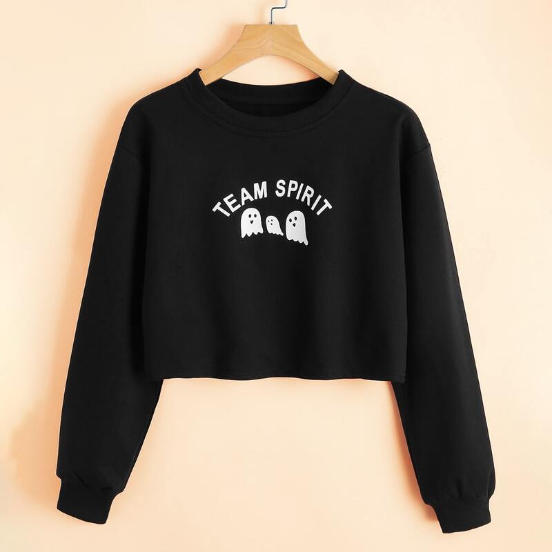 

Halloween Cartoon Graphic Crop Pullover, Black