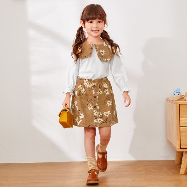 

Toddler Girls Contrast Collar Frill Trim Blouse & Corduroy Floral Skirt, Multicolor