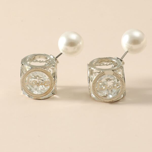 

Faux Pearl Decor Double Stud Earrings, Silver