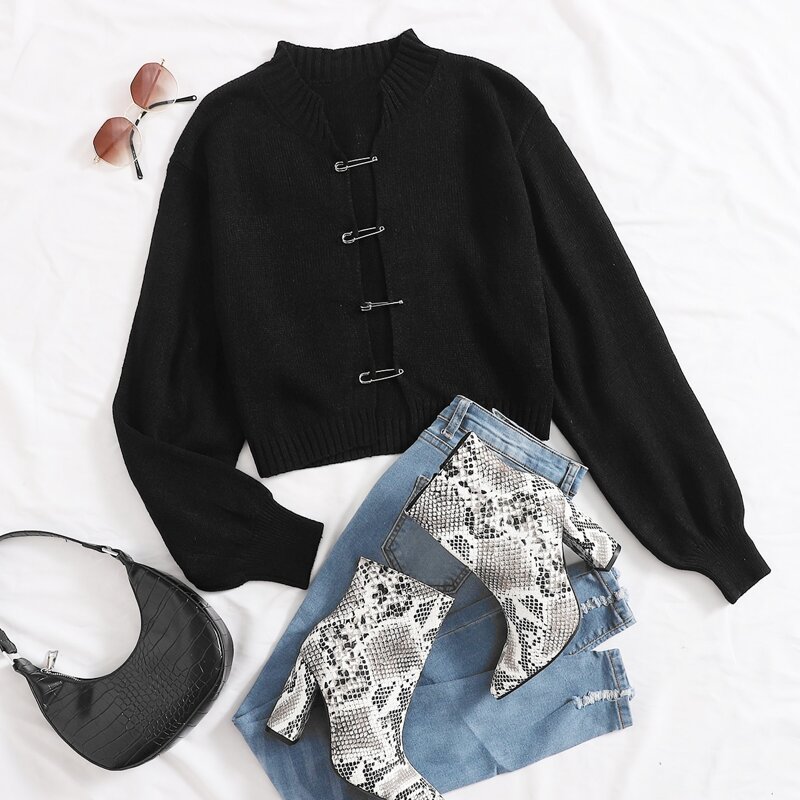 

Pin Detail Drop Shoulder Crop Cardigan, Black