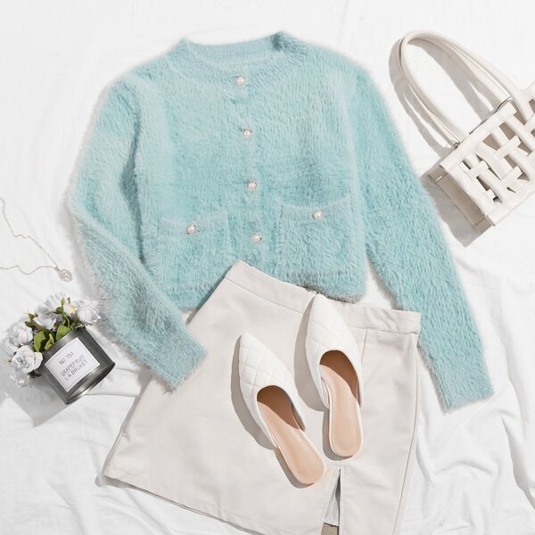 

Pocket Front Pearl Button Up Fuzzy Cardigan, Pastel baby blue