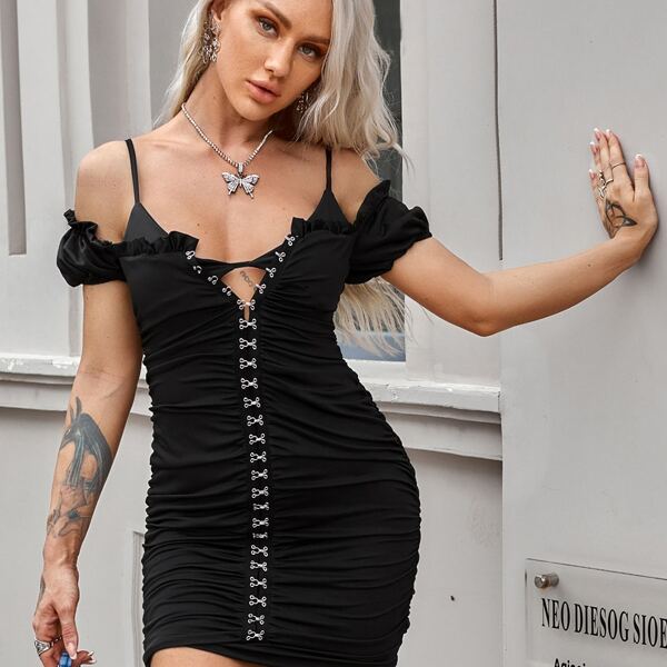 

Frill Trim Hook and Eye Cut-out Ruched Bodycon Dress, Black