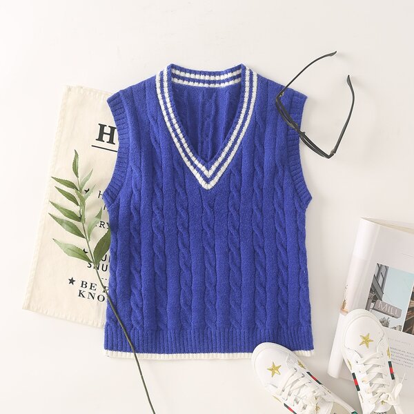 

V-neck Cable Knit Sweater Vest, Blue