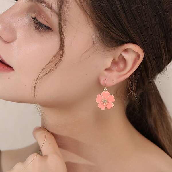 

Flower Charm Drop Earrings, Pink