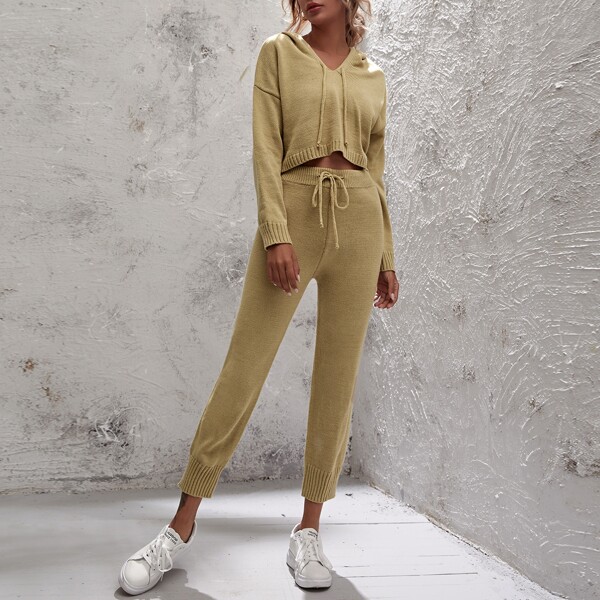 

Drawstring Rib-knit Hooded Crop Sweater Top & Knit Pants, Khaki