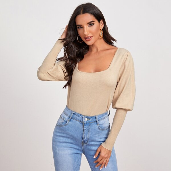 

Square Neck Gigot Sleeve Solid Sweater, Apricot