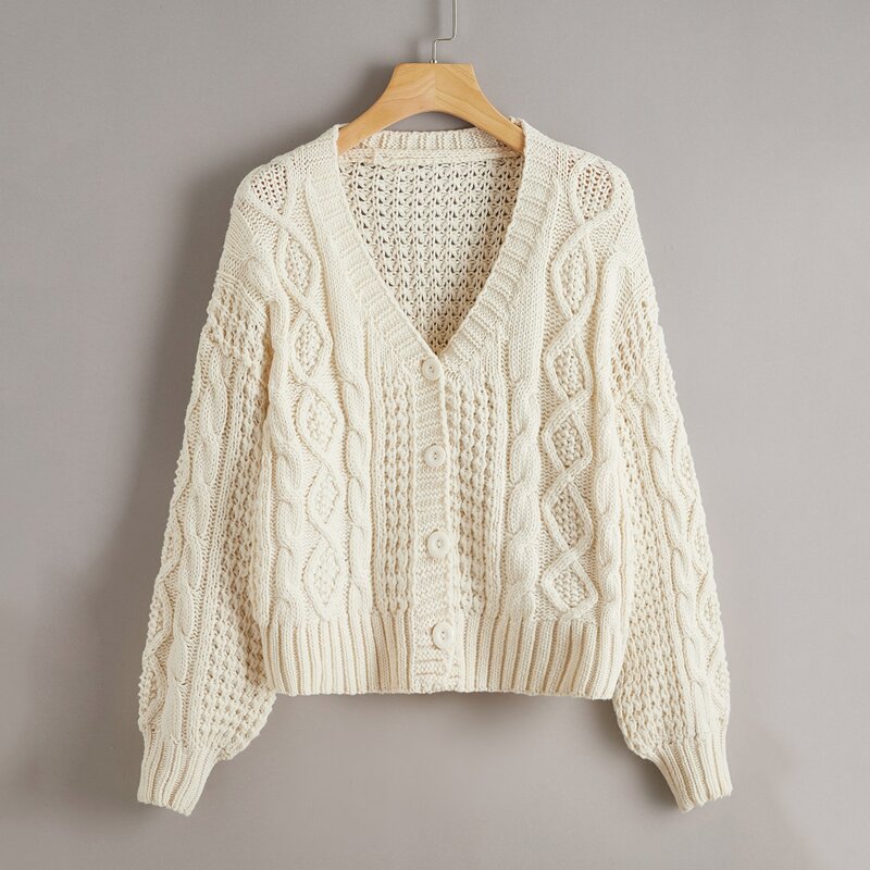

Button Front Cable Knit Cardigan, Beige