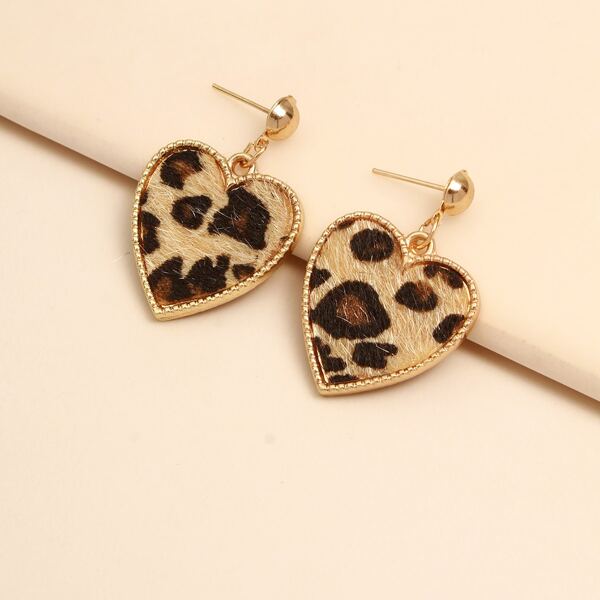 

Leopard Pattern Heart Drop Earrings, Brown
