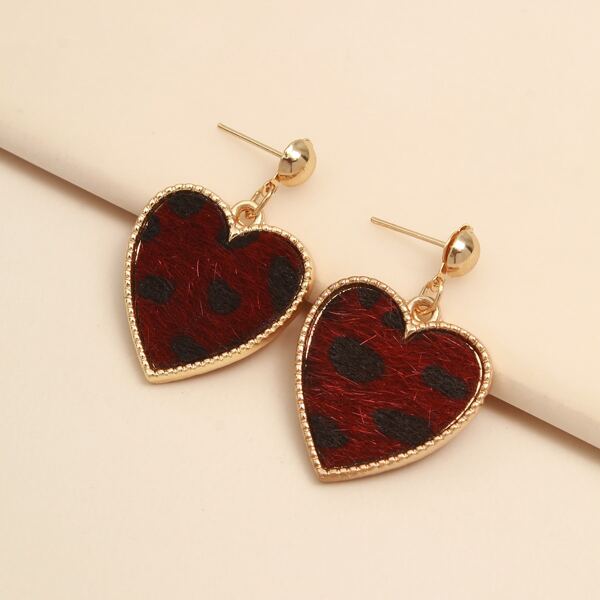 

Leopard Pattern Heart Drop Earrings, Red
