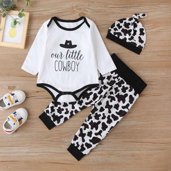 

Baby Boy Letter Graphic Bodysuit & Cow Print Pants & Hat, Black and white