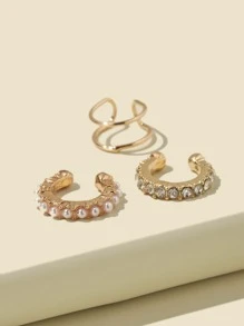 Rhinestone & Faux Pearl Ear Cuff Set - 3pcs - Yellow Gold - View 2
