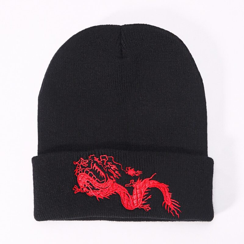 

Chinese Dragon Embroidered Beanie, Black