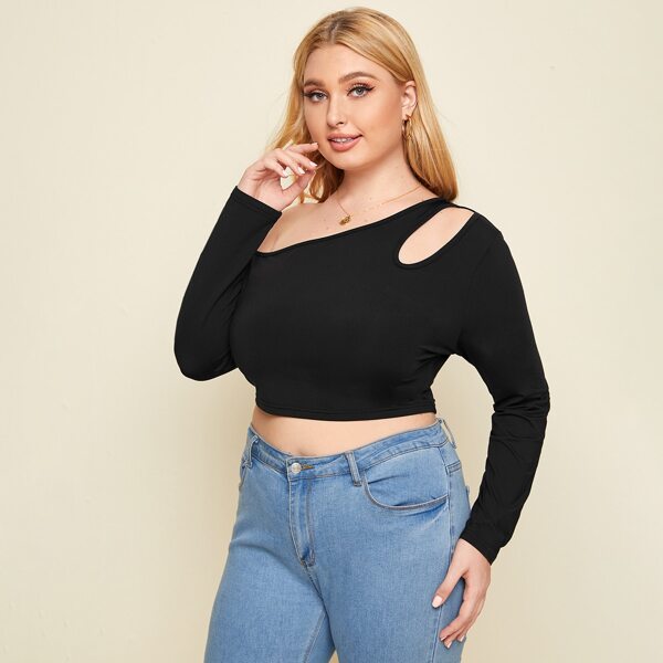 

Plus Asymmetrical Neck Cut Out Crop Tee, Black