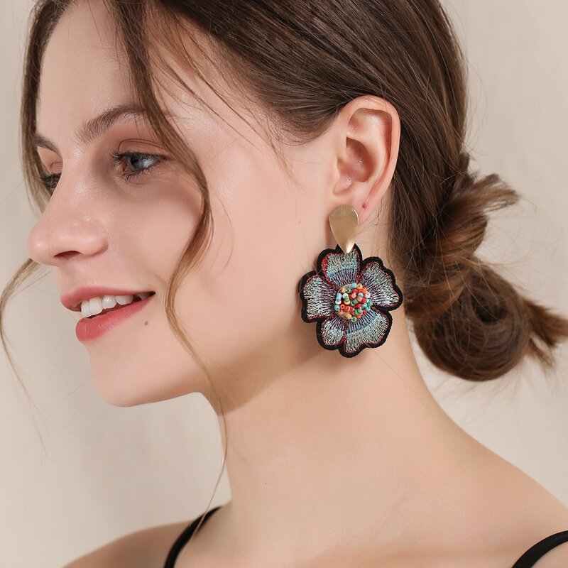 

Embroidered Flower Charm Drop Earrings, Multicolor