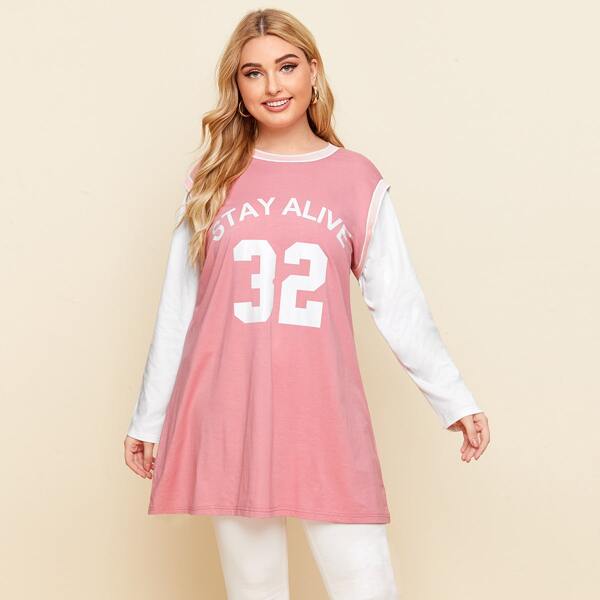 

Plus 2 In 1 Slogan Print Colorblock Tee, Baby pink