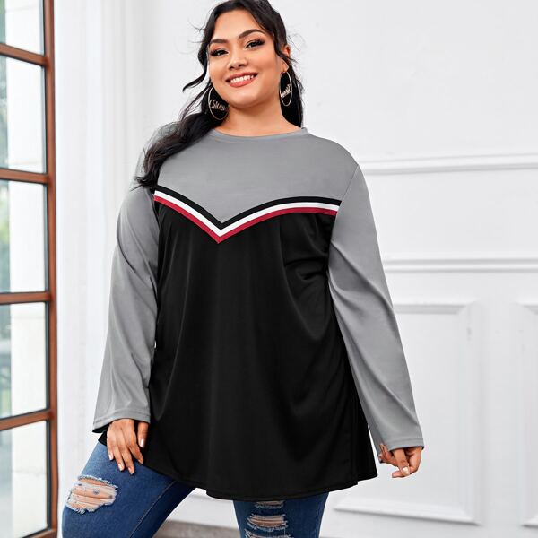 

Plus Striped Trim Colorblock Tee, Multicolor