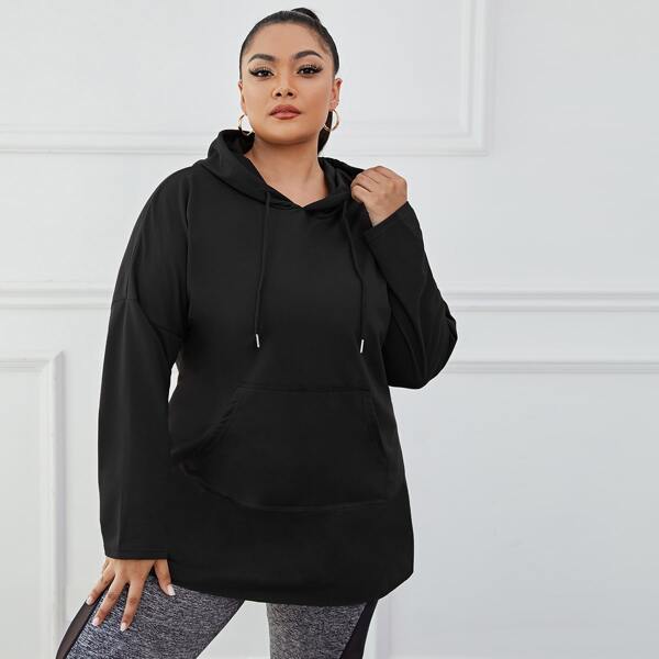 

Plus Kangaroo Pocket Drawstring Drop Shoulder Hoodie, Black