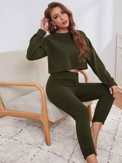 Teddy Drop Shoulder Top With Pants Lounge Set