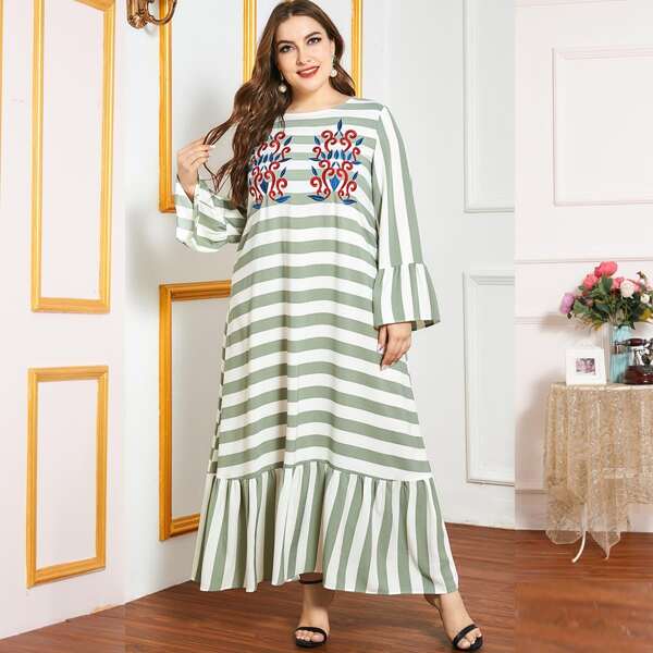 

Plus Embroidery Striped Smock Dress, Multicolor