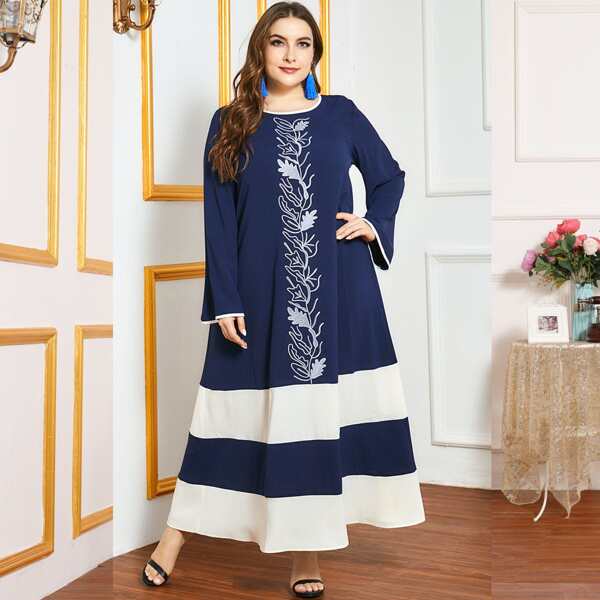 

Plus Plants Embroidery Two Tone Dress, Navy blue