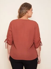 EMERY ROSE Top de manga fruncido con cordón de cuello V - Rosa Oxidada - Ver 2